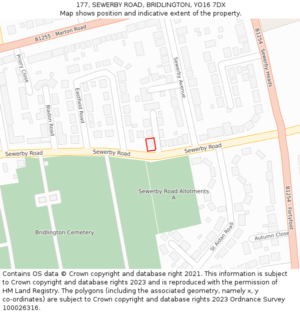 177, SEWERBY ROAD, BRIDLINGTON, YO16 7DX: Location map and indicative extent of plot