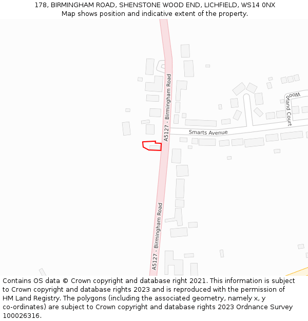178, BIRMINGHAM ROAD, SHENSTONE WOOD END, LICHFIELD, WS14 0NX: Location map and indicative extent of plot