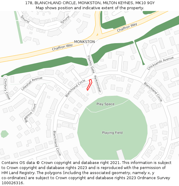 178, BLANCHLAND CIRCLE, MONKSTON, MILTON KEYNES, MK10 9GY: Location map and indicative extent of plot