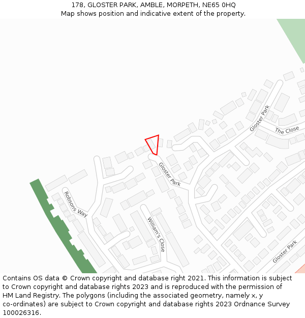 178, GLOSTER PARK, AMBLE, MORPETH, NE65 0HQ: Location map and indicative extent of plot