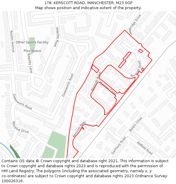 178, KERSCOTT ROAD, MANCHESTER, M23 0GP: Location map and indicative extent of plot