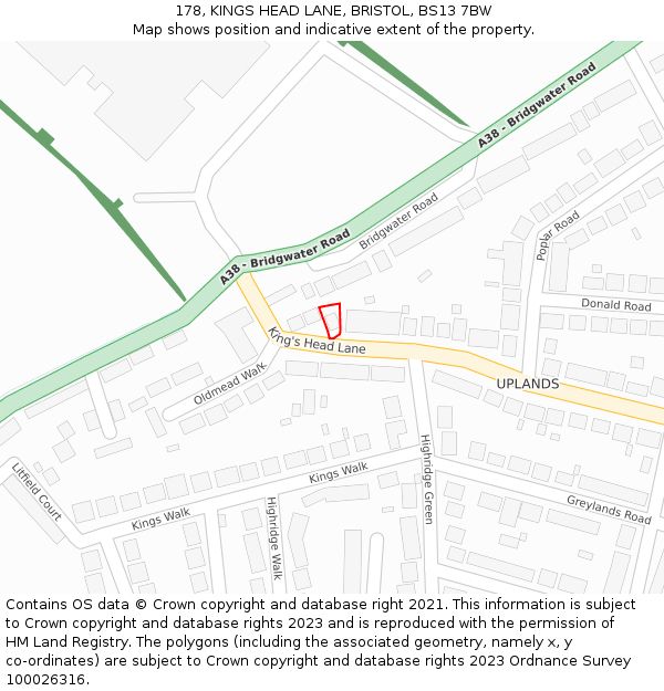 178, KINGS HEAD LANE, BRISTOL, BS13 7BW: Location map and indicative extent of plot