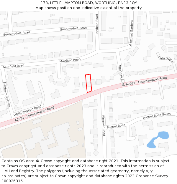 178, LITTLEHAMPTON ROAD, WORTHING, BN13 1QY: Location map and indicative extent of plot