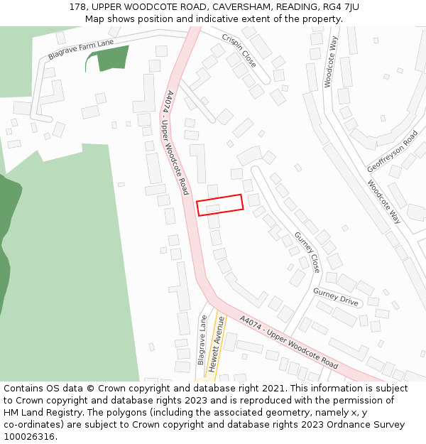 178, UPPER WOODCOTE ROAD, CAVERSHAM, READING, RG4 7JU: Location map and indicative extent of plot