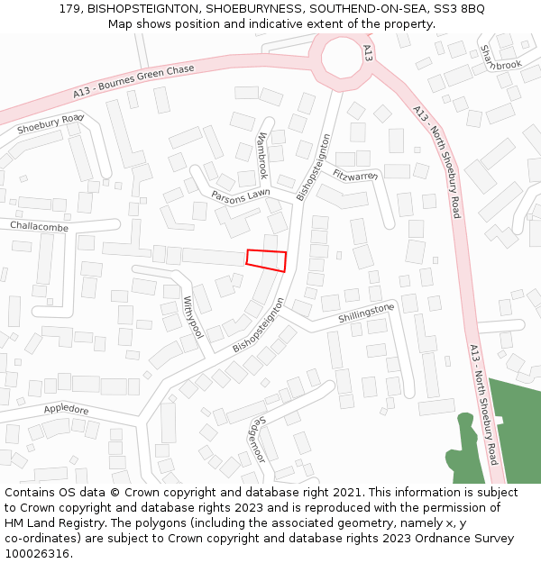 179, BISHOPSTEIGNTON, SHOEBURYNESS, SOUTHEND-ON-SEA, SS3 8BQ: Location map and indicative extent of plot