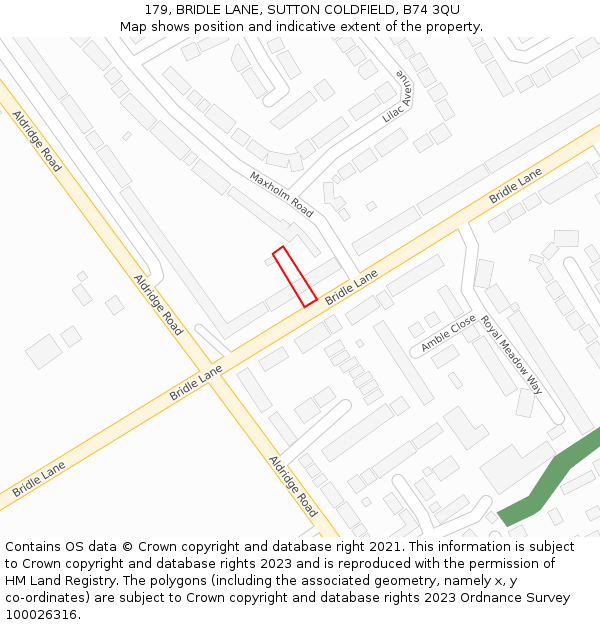 179, BRIDLE LANE, SUTTON COLDFIELD, B74 3QU: Location map and indicative extent of plot