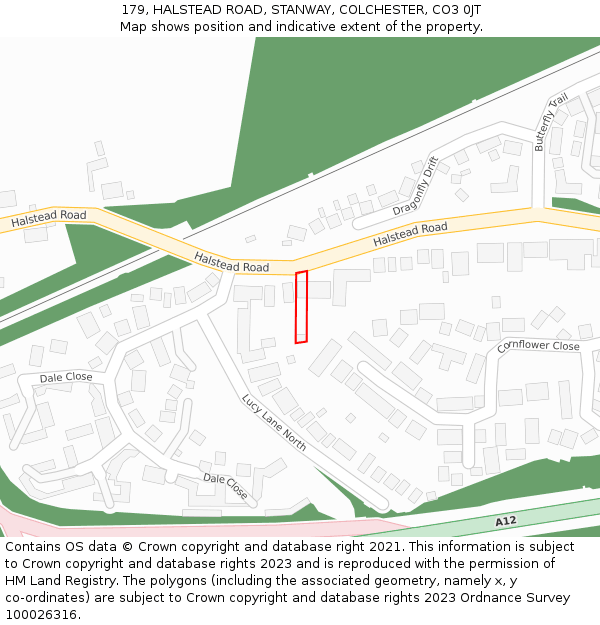 179, HALSTEAD ROAD, STANWAY, COLCHESTER, CO3 0JT: Location map and indicative extent of plot