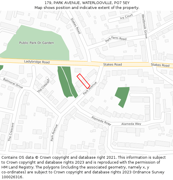 179, PARK AVENUE, WATERLOOVILLE, PO7 5EY: Location map and indicative extent of plot