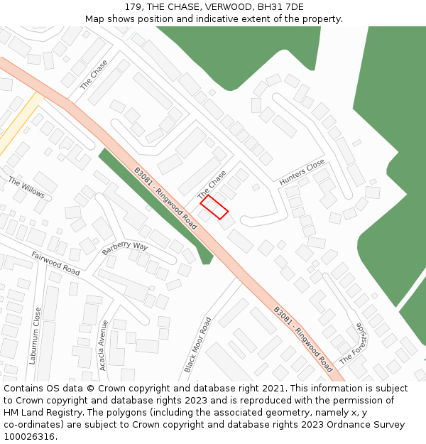 179, THE CHASE, VERWOOD, BH31 7DE: Location map and indicative extent of plot