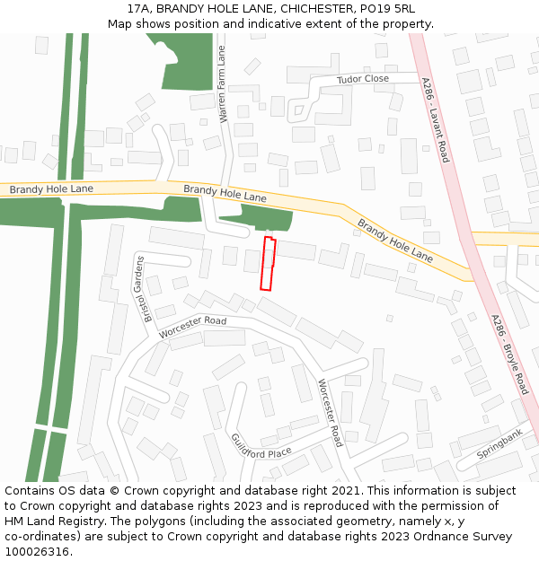 17A, BRANDY HOLE LANE, CHICHESTER, PO19 5RL: Location map and indicative extent of plot