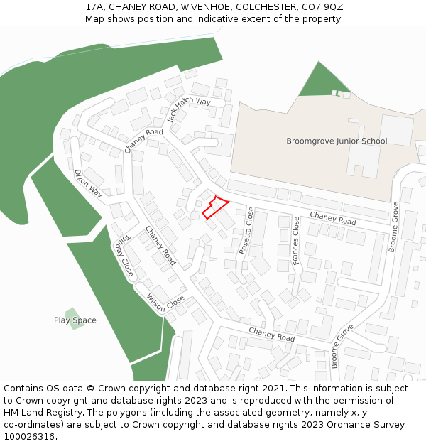 17A, CHANEY ROAD, WIVENHOE, COLCHESTER, CO7 9QZ: Location map and indicative extent of plot