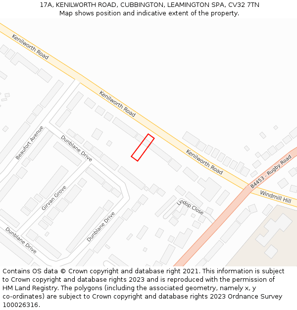 17A, KENILWORTH ROAD, CUBBINGTON, LEAMINGTON SPA, CV32 7TN: Location map and indicative extent of plot
