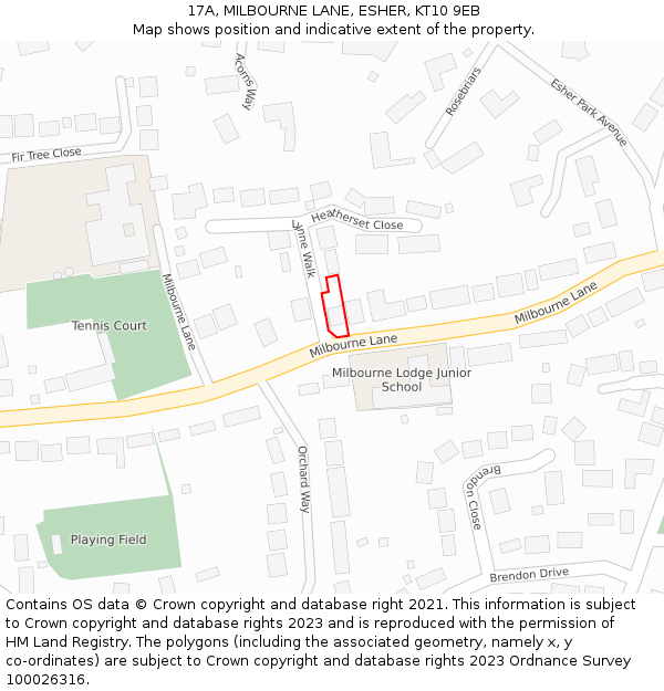 17A, MILBOURNE LANE, ESHER, KT10 9EB: Location map and indicative extent of plot