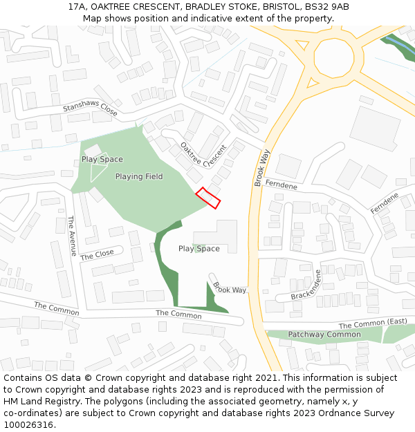 17A, OAKTREE CRESCENT, BRADLEY STOKE, BRISTOL, BS32 9AB: Location map and indicative extent of plot