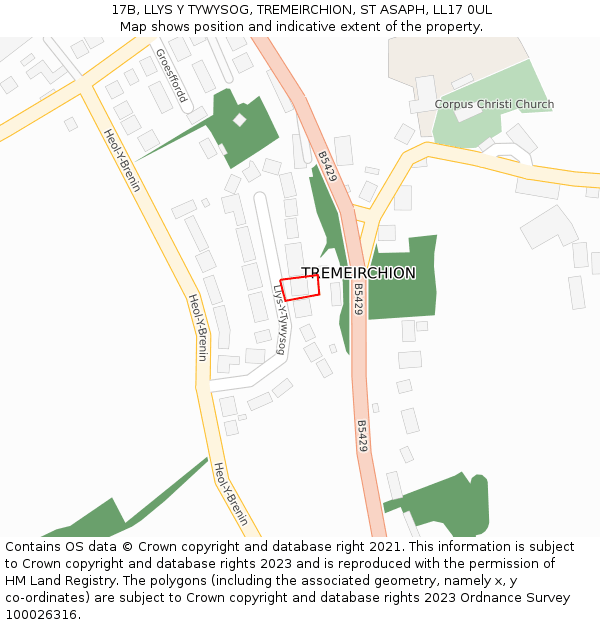 17B, LLYS Y TYWYSOG, TREMEIRCHION, ST ASAPH, LL17 0UL: Location map and indicative extent of plot