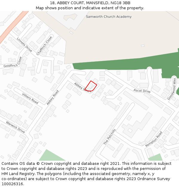 18, ABBEY COURT, MANSFIELD, NG18 3BB: Location map and indicative extent of plot