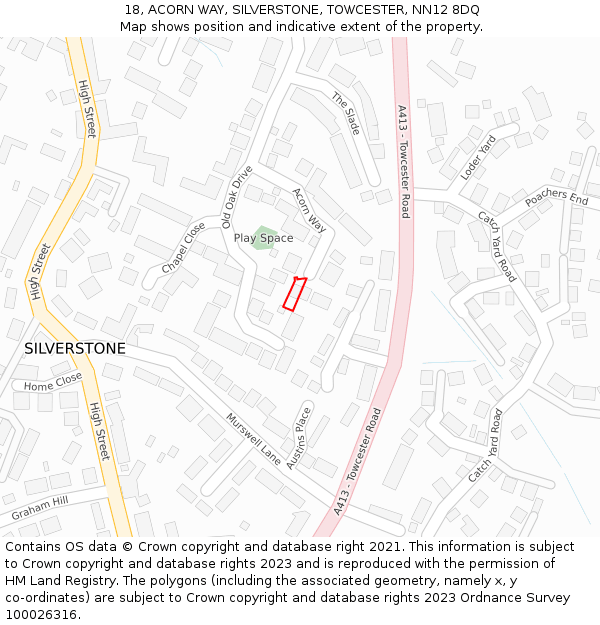 18, ACORN WAY, SILVERSTONE, TOWCESTER, NN12 8DQ: Location map and indicative extent of plot
