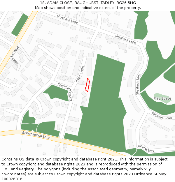 18, ADAM CLOSE, BAUGHURST, TADLEY, RG26 5HG: Location map and indicative extent of plot