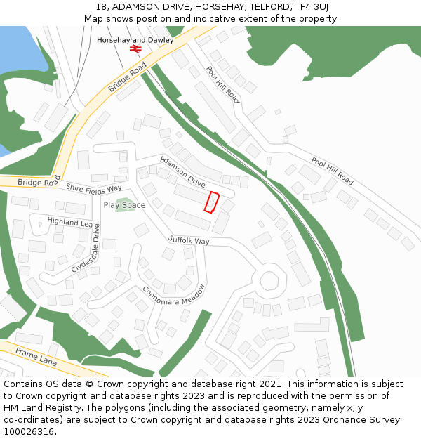 18, ADAMSON DRIVE, HORSEHAY, TELFORD, TF4 3UJ: Location map and indicative extent of plot