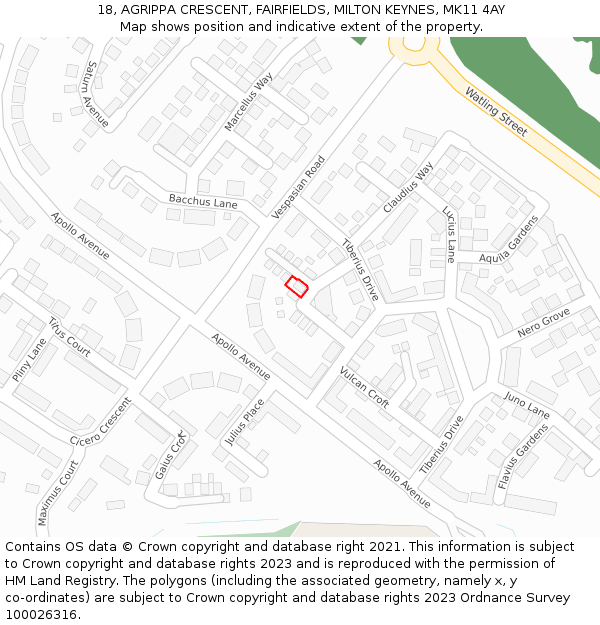 18, AGRIPPA CRESCENT, FAIRFIELDS, MILTON KEYNES, MK11 4AY: Location map and indicative extent of plot