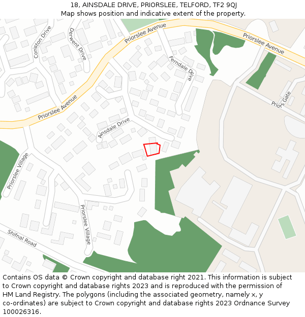 18, AINSDALE DRIVE, PRIORSLEE, TELFORD, TF2 9QJ: Location map and indicative extent of plot