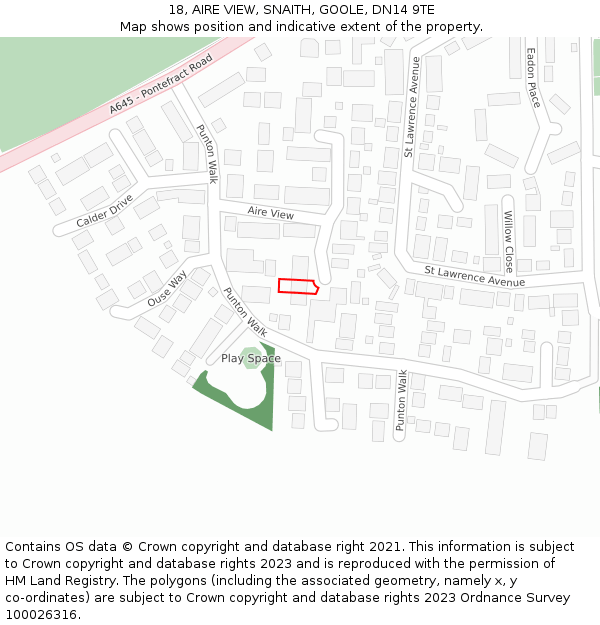 18, AIRE VIEW, SNAITH, GOOLE, DN14 9TE: Location map and indicative extent of plot