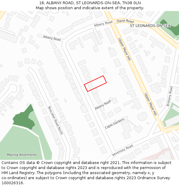 18, ALBANY ROAD, ST LEONARDS-ON-SEA, TN38 0LN: Location map and indicative extent of plot