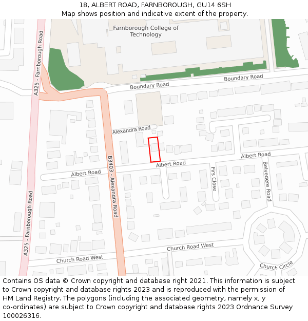 18, ALBERT ROAD, FARNBOROUGH, GU14 6SH: Location map and indicative extent of plot