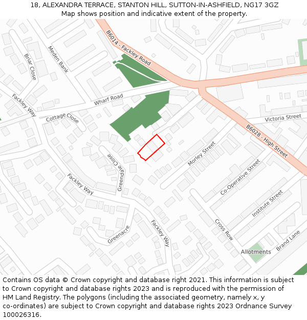 18, ALEXANDRA TERRACE, STANTON HILL, SUTTON-IN-ASHFIELD, NG17 3GZ: Location map and indicative extent of plot