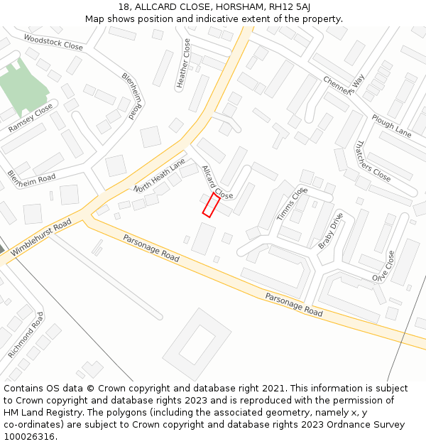 18, ALLCARD CLOSE, HORSHAM, RH12 5AJ: Location map and indicative extent of plot