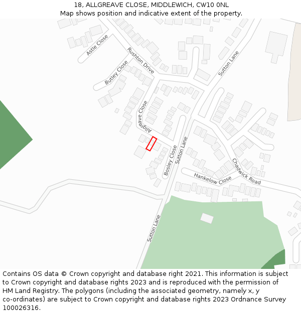 18, ALLGREAVE CLOSE, MIDDLEWICH, CW10 0NL: Location map and indicative extent of plot