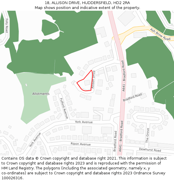 18, ALLISON DRIVE, HUDDERSFIELD, HD2 2RA: Location map and indicative extent of plot