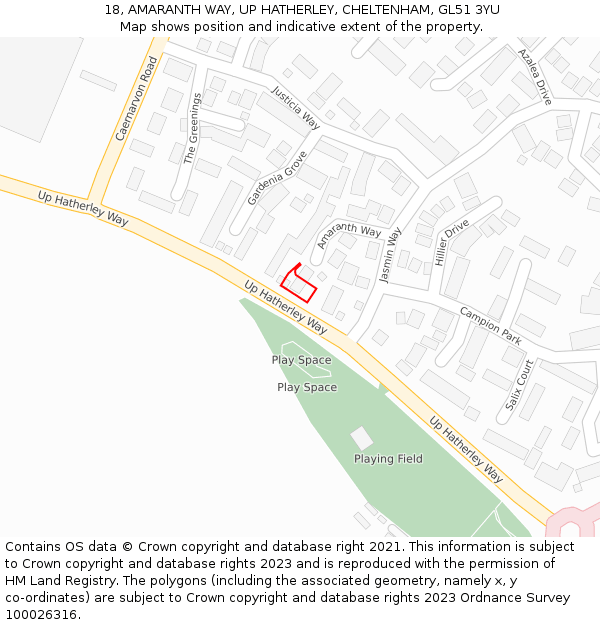 18, AMARANTH WAY, UP HATHERLEY, CHELTENHAM, GL51 3YU: Location map and indicative extent of plot