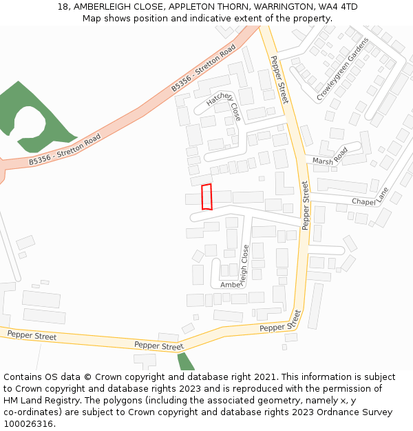 18, AMBERLEIGH CLOSE, APPLETON THORN, WARRINGTON, WA4 4TD: Location map and indicative extent of plot