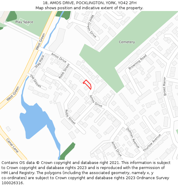 18, AMOS DRIVE, POCKLINGTON, YORK, YO42 2FH: Location map and indicative extent of plot