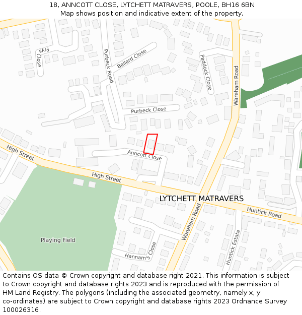 18, ANNCOTT CLOSE, LYTCHETT MATRAVERS, POOLE, BH16 6BN: Location map and indicative extent of plot