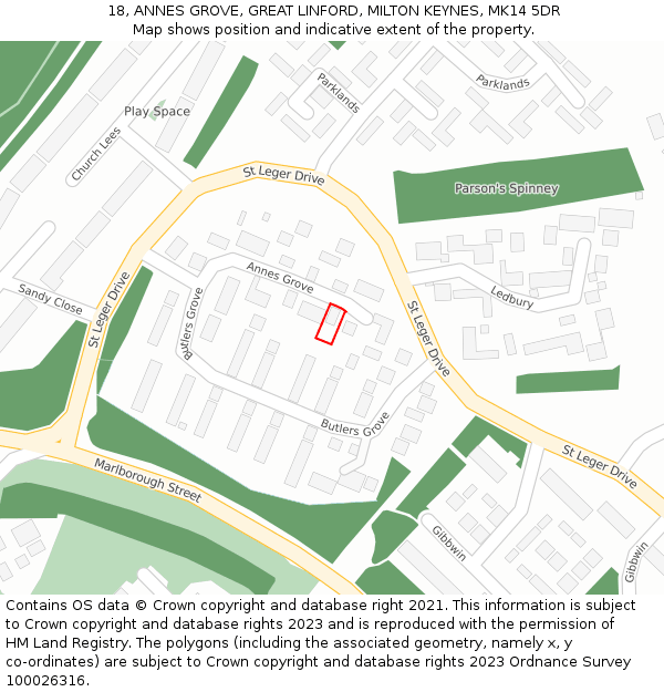 18, ANNES GROVE, GREAT LINFORD, MILTON KEYNES, MK14 5DR: Location map and indicative extent of plot