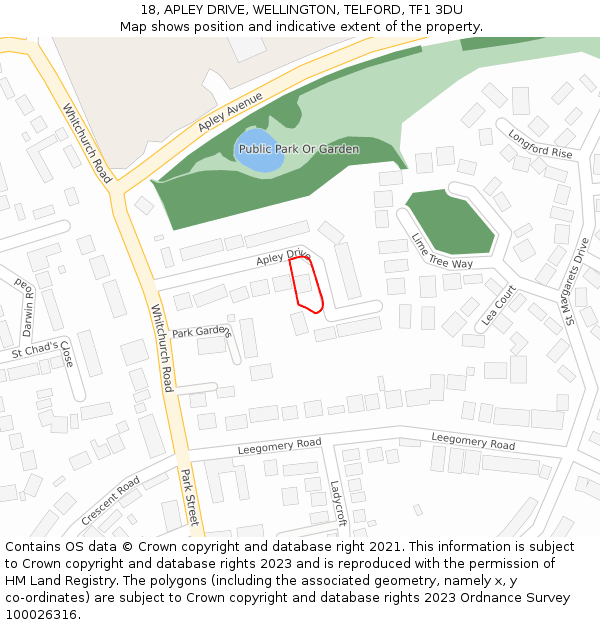 18, APLEY DRIVE, WELLINGTON, TELFORD, TF1 3DU: Location map and indicative extent of plot