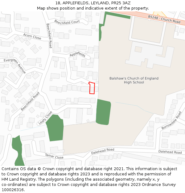 18, APPLEFIELDS, LEYLAND, PR25 3AZ: Location map and indicative extent of plot