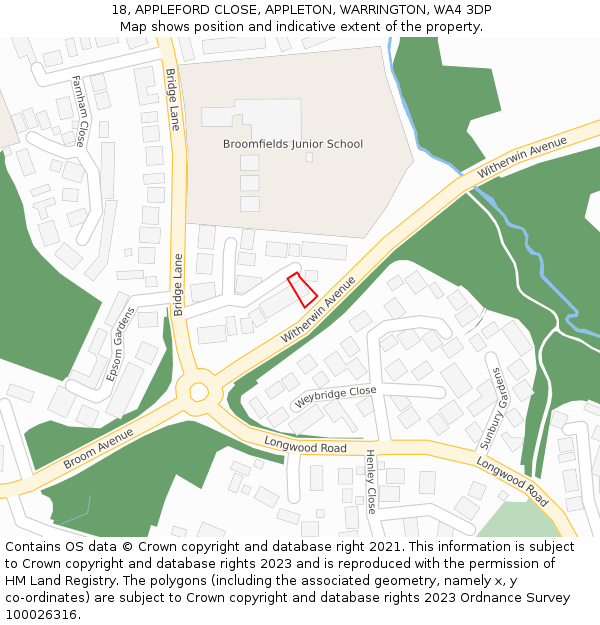 18, APPLEFORD CLOSE, APPLETON, WARRINGTON, WA4 3DP: Location map and indicative extent of plot