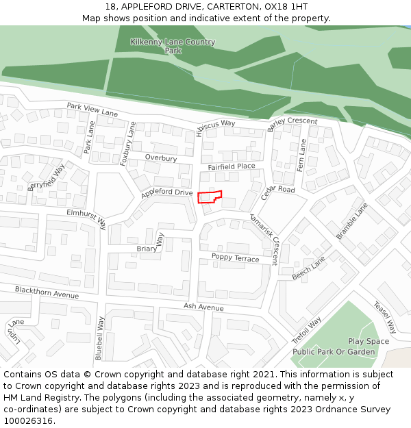 18, APPLEFORD DRIVE, CARTERTON, OX18 1HT: Location map and indicative extent of plot