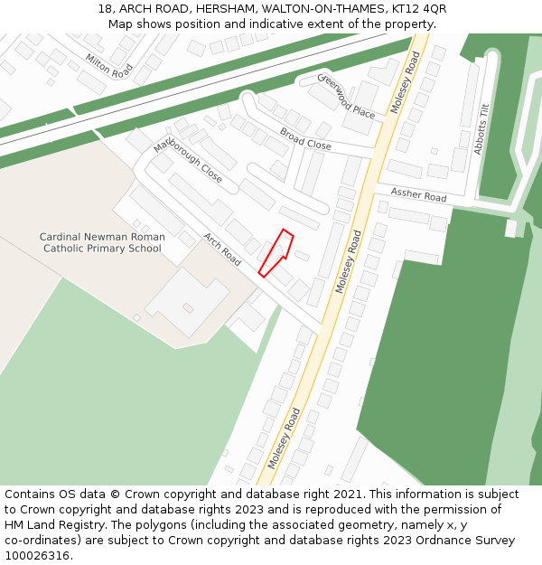 18, ARCH ROAD, HERSHAM, WALTON-ON-THAMES, KT12 4QR: Location map and indicative extent of plot