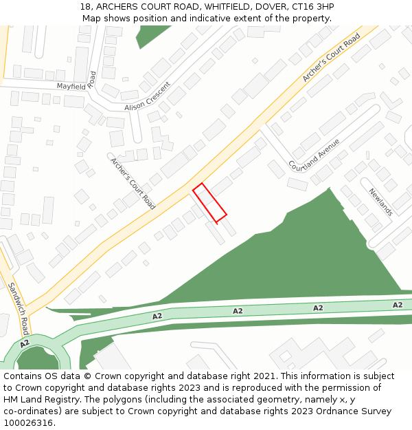 18, ARCHERS COURT ROAD, WHITFIELD, DOVER, CT16 3HP: Location map and indicative extent of plot