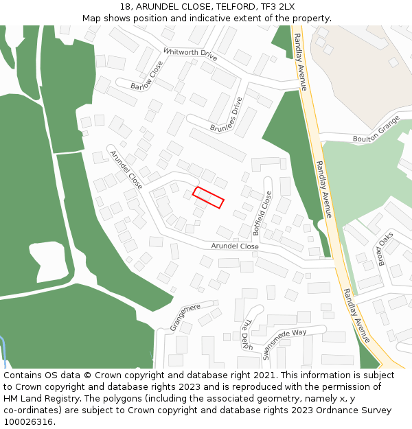 18, ARUNDEL CLOSE, TELFORD, TF3 2LX: Location map and indicative extent of plot