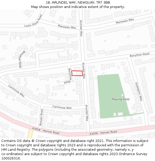 18, ARUNDEL WAY, NEWQUAY, TR7 3BB: Location map and indicative extent of plot