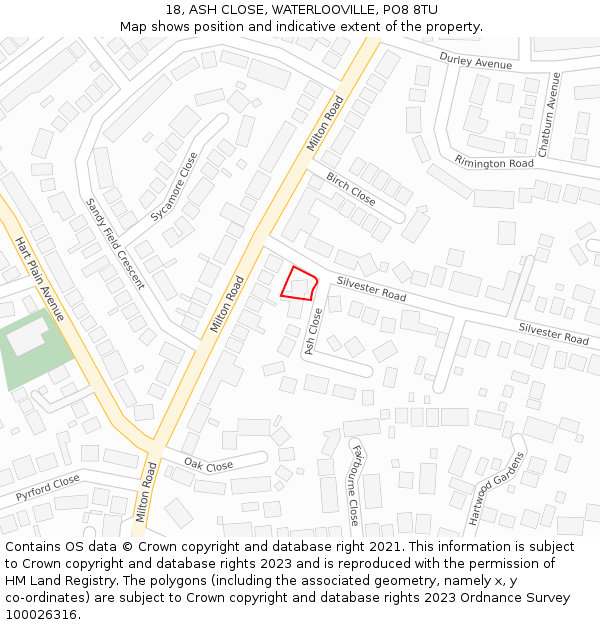 18, ASH CLOSE, WATERLOOVILLE, PO8 8TU: Location map and indicative extent of plot