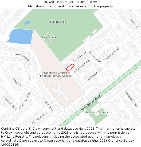 18, ASHFORD CLOSE, BURY, BL8 2XE: Location map and indicative extent of plot