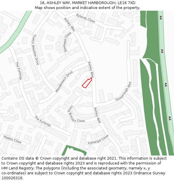 18, ASHLEY WAY, MARKET HARBOROUGH, LE16 7XD: Location map and indicative extent of plot