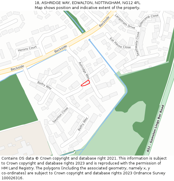 18, ASHRIDGE WAY, EDWALTON, NOTTINGHAM, NG12 4FL: Location map and indicative extent of plot