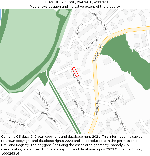 18, ASTBURY CLOSE, WALSALL, WS3 3YB: Location map and indicative extent of plot